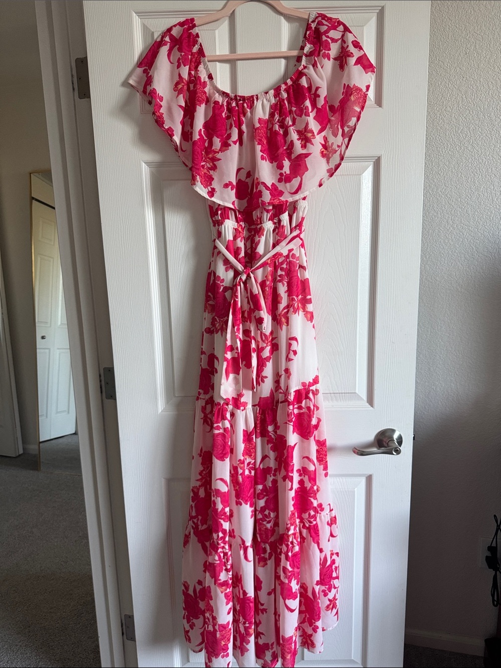 Pink Lily White Maxi Dress with Hot Pink Floral Print